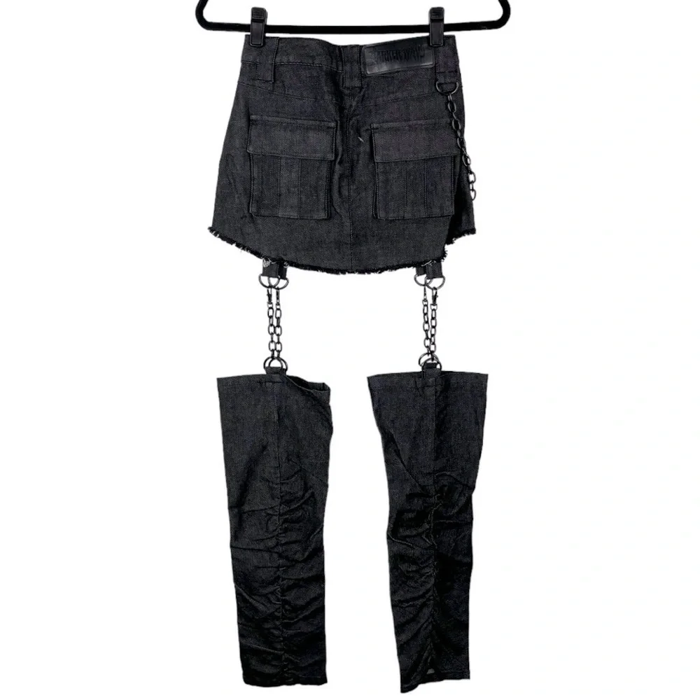 DOLLS KILL DARKER WAVS BLACK WASHED CARGO MINI SKIRT CHAIN GARTER LEG WARMERS - Picture 3 of 12